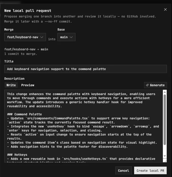 The New local pull request dialog: merge one branch into another and review it locally, with an AI-generated description